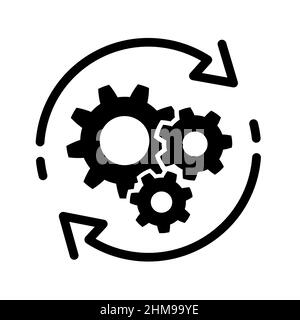 Prozessvektorsymbol in flacher Form. Entwicklungskonzept. Update-Schild, Technologie, Motorsymbol schwarz isoliert. Zahnrad mit Pfeil. Einfacher Kreis, Zycl Stock Vektor