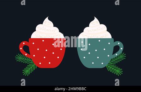 Weihnachtskaffee oder heiße Schokolade zwei süße Tassen. Vektorgrafik. Stock Vektor
