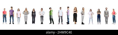 Collage. Menschen, Männer und Frauen, unterschiedlichen Alters in legeren Stoffen, die in einer isolierten Linie auf weißem Hintergrund stehen Stockfoto
