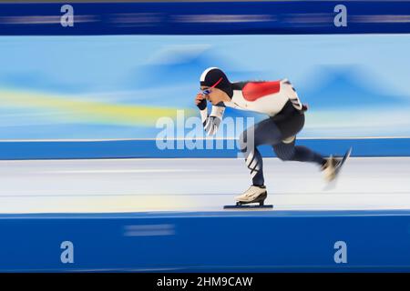 Peking, China. 08th. Februar 2022. Minseok Kim aus Südkorea Skates zu einer Bronzemedaille in der Männer-1500m-Eisschnelllauf-Veranstaltung bei den Olympischen Winterspielen in Peking 2022 am Montag, 7. Februar 2022. Foto von Paul Hanna/UPI Credit: UPI/Alamy Live News Stockfoto