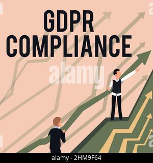 Handschriftenzeichen DSGVO-Compliance. Schutz von Geschäftskonzepten und Privatsphäre der Europäischen Union mit Pfeilen, die zwei kollaborierende Geschäftsleute führen Stockfoto