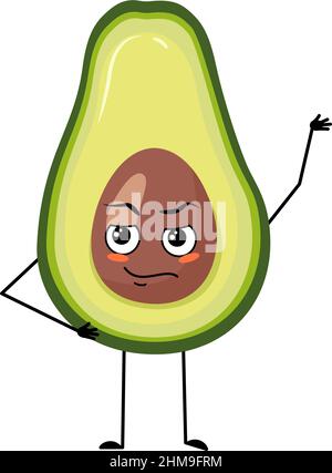 Avocado-Charakter mit Emotionen des Helden, tapferes Gesicht, Arme und Bein. Person mit Mut Ausdruck, Gemüseemoticon. Vektorgrafik flach Stock Vektor
