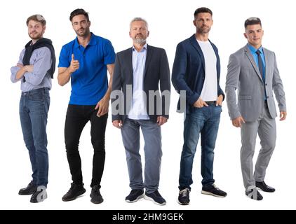 Gruppe von Geschäftsleuten in Freizeitkleidung isoliert auf weißem Hintergrund voller Länge Porträt Stockfoto