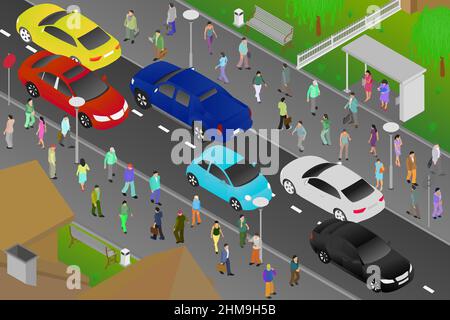 Eine belebte Straße mit sich bewegenden Autos und Menschen, die auf den Gehwegen spazieren. Helle Illustration des Stadtalltags. Flacher Style. Isometrische Ansicht. Vektor i Stock Vektor