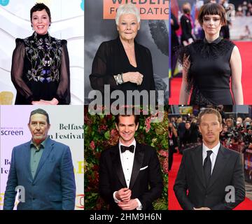 Zusammengesetzte Fotos von britischen Oscar-Nominierten; (Obere Reihe, von links nach rechts) Olivia Colman nominiert für die beste Schauspielerin Oscar für die verlorene Tochter, Dame Judi Dench nominiert für die beste Nebendarstellerin Oscar für Belfast und Jessie Buckley nominiert für die beste Nebendarstellerin Oscar für die verlorene Tochter, Und (untere Reihe, von links nach rechts) Ciaran Hinds nominiert für den besten Nebenschauspieler-Oscar für Belfast, Andrew Garfield nominiert für den besten Schauspieler-Oscar für Tick, Tick??? Boom und Benedict Cumberbatch nominiert für den besten Schauspieler-Oscar für The Power of the Dog. Ausgabedatum: Dienstag Stockfoto