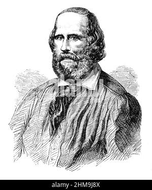 Schwarz-Weiß-Illustration; Porträt von Giuseppe Garibaldi, italienischer General, Patriot, Revolutionär und Republikaner Stockfoto