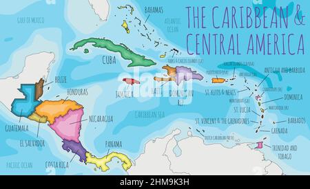 Politische Karibik und Mittelamerika Kartendarstellung mit unterschiedlichen Farben für jedes Land. Editierbare und klar beschriftete Ebenen. Stock Vektor