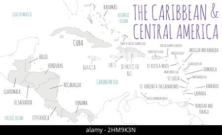 Politische Karibik und Mittelamerika Kartenvektordarstellung isoliert auf weißem Hintergrund. Editierbare und klar beschriftete Ebenen. Stock Vektor