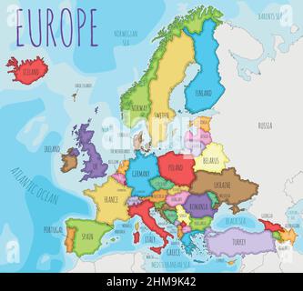 Politisches Europa Kartendarstellung mit verschiedenen Farben für jedes Land. Editierbare und klar beschriftete Ebenen. Stock Vektor