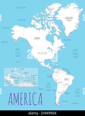 Politische Amerika Karte Vektordarstellung mit Ländern in weißer Farbe. Editierbare und klar beschriftete Ebenen. Stock Vektor