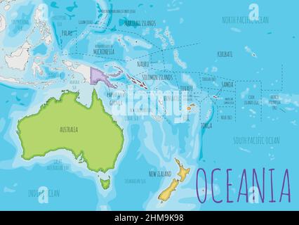 Politische Ozeanien Kartendarstellung mit verschiedenen Farben für jedes Land. Editierbare und klar beschriftete Ebenen. Stock Vektor