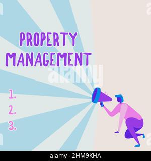 Schild mit der Anzeige Property Management. Business Showcase die Kontrolle, Wartung und Überwachung von Immobilien Illustration einer Person, die mit kniet Stockfoto