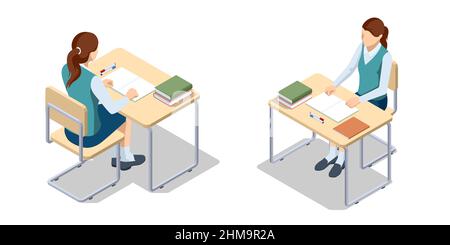 Isometrischer Schulschreibtisch und ein Stuhl. Schulmädchen sitzt am Schreibtisch. Schulmädchen schreiben an ihrem Schreibtisch. Vorbereitung auf die Testprüfung oder das Studium von Lektionen Stock Vektor