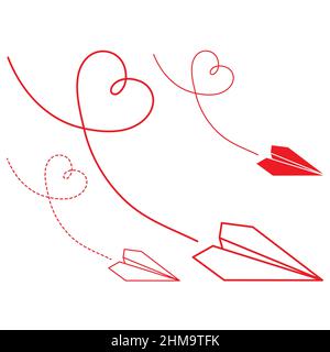 Satz aus drei Vektorgrafiken von Papierebenen-Symbolen Valentinstag. Skizzieren Sie einfache und Silhouette Papier Flugzeug mit Herz Route isoliert Stock Vektor