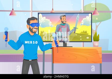 Technologiekonzept der Zukunft. Ein junger Mann mit VR-Headset mit berührender VR-Schnittstelle und Spiel spielen Stock Vektor