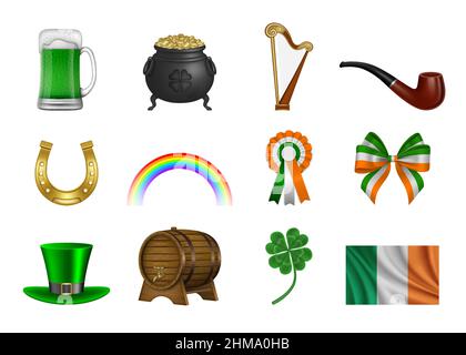 Set aus St. Patrick's Day Elementen und Symbolen. Isolierter Bierkrug, Topf, Harfe, Pfeife, Hufeisen, regenbogen, Kakade, Bogen, Hut, Fass, Kleeblatt und irische Flagge Stock Vektor