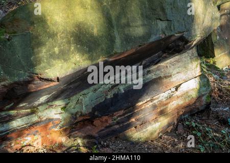 Schräge Einstreu-Flugzeuge im Steinbruch Cowraik (nicht mehr verwendet), Beacon Edge, Penrith, Cumbria, Großbritannien Stockfoto