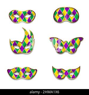 Set von mardi Gras Masken. Isolierte Karnevalsmasken in verschiedenen Formen Stock Vektor