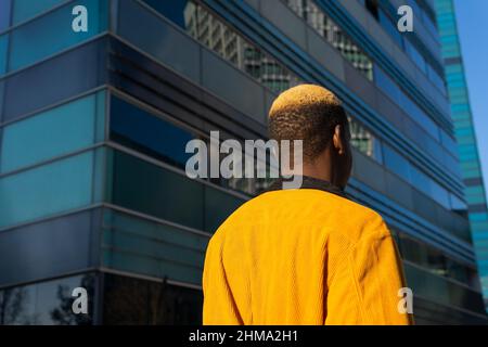 Rückansicht eines nicht erkennbaren afroamerikanischen Mannes mit gefärbten Haaren, der in der Nähe eines modernen mehrstöckigen Gebäudes mit Glaswand in der Stadt steht Stockfoto