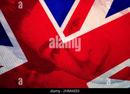 Union Jack, mit Queen Montage, Stockfoto