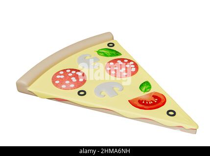 Pizza-Scheibe mit Pepperoni-Wurst - 3D Rendering isoliert auf weißem Hintergrund Stockfoto