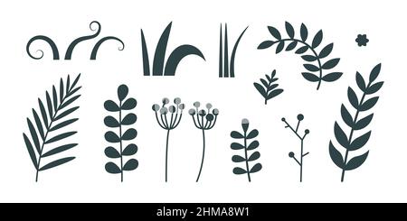 Isolierte Elemente für botanische Gestaltung - Zweig mit Blättern, Blättern und Gras. Vektor flache Pflanzen Silhouetten. Elemente für Design, Symbole. Stock Vektor