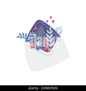 Papierumschlag mit Blättern und Ästen von Pflanzen, die aus ihm herausragen. Frühlingsstrauß von Baumzweigen. Vektorgrafik flache Illustration für Design. Stock Vektor