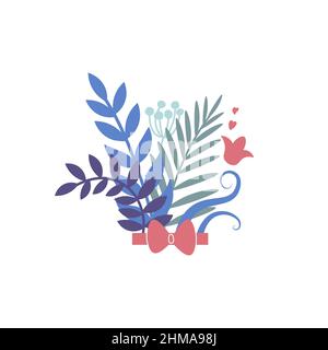 Frühlingsstrauß von Ästen mit Blättern und Pflanzen. Vektor-isolierte Illustration auf weißem Hintergrund. Valentinstag-Design. Stock Vektor