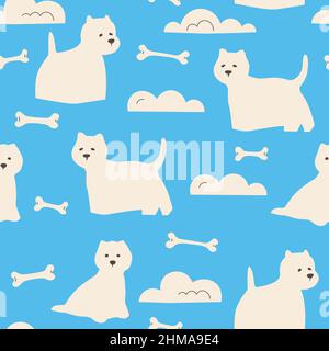 Vektor nahtloses Muster mit West Highland White Terrier auf blauem Hintergrund. Hunde, Wolken und Knochen. Niedliche Cartoon-Zeichnung eines Haustiers. Stock Vektor