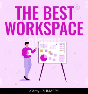 Schreiben von angezeigten Text der beste Arbeitsbereich. Geschäftsidee Raum, in dem mit Internet und guten Werkzeugen arbeiten Geschäftsmann Zeichnung stehend präsentiert Stockfoto