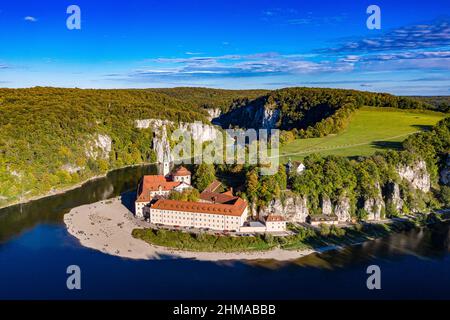 Luftbild des Donaudurchbruchs bei Weltenburg im Naturpark Altmühltal Stockfoto