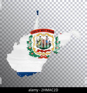 West Virginia Flagge und Karte, transparenter Hintergrund, Beschneidungspfad Stockfoto