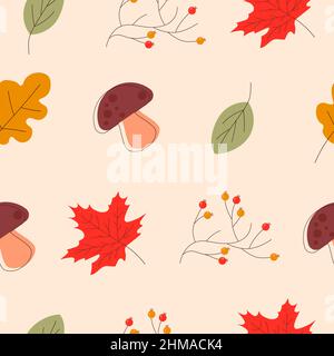 Nahtloser Herbsthintergrund mit Blättern, Pilzen und Eberesche. Stock Vektor