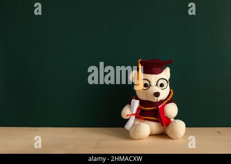 Teddybär mit Abschlusshut und Diplom vor grüner Tafel. Abschlusskonzept Stockfoto