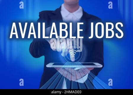 Textüberschrift mit verfügbaren Jobs. Unternehmensübersicht ein Job, der für jemanden verfügbar ist, der mit der Arbeit „Vacancy Lady“ beginnt, indem er auf Bildschirm von „Mobile“ drückt Stockfoto