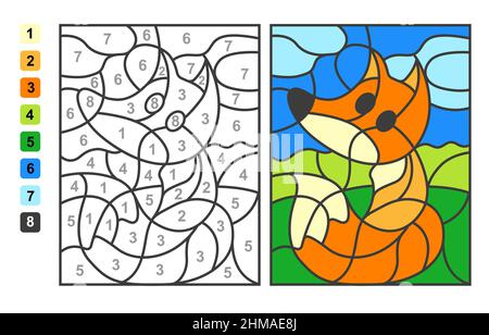 Einfache Vektor-Färbung wild Wildtier Fuchs, Farbe nach Zahlen. Puzzle-Spiel für Kinder Bildung Stock Vektor