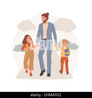 Gemeinsam zur Schule gehen isolierte Cartoon-Vektor-Illustration. Mann im Anzug zu Fuß mit zwei Kindern halten Hände, Kinder mit Rucksäcken, Familie Alltag, gehen zur Schule Cartoon-Vektor. Stock Vektor