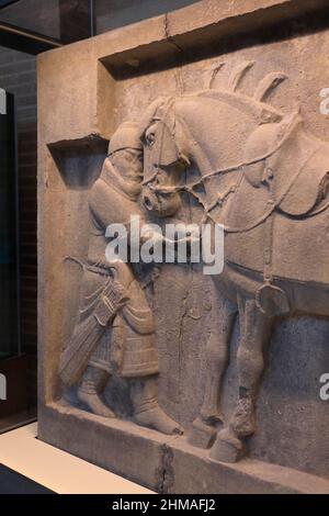 Das kalkgeschnitzte Relief des Kaiser Taizong Pferdesaluzi aus der chinesischen Tang-Dynastie wird in den Galerien der Chinesischen Rotunde Asiens im Penn Museum der Universität von Pennsylvania ausgestellt.Philadelphia.Pennsylvania.USA Stockfoto