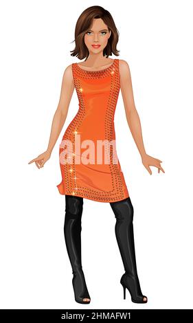 Vector Mode junge Frau in orangefarbenem Kleid und schwarzen über-kniehohen Fersenstiefeln Stock Vektor