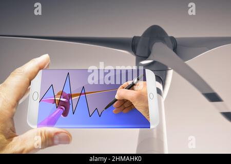 Handzeichnung eines Graphen über erneuerbare Energien auf dem Smartphone - 3D Render-Konzept Stockfoto