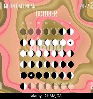 Oktober 2022 Mondkalender. Astrologisches Kalenderdesign. planer. Platz für Aufkleber. Modell des Monatszyklus-Planers. Isolierter flüssiger Farbhintergrund Stock Vektor