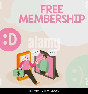 Schreiben Anzeige Text Free Membership. Geschäftsansatz Erhalten Sie Zugang zur kreativen Community, ohne etwas bezahlen zu müssen. Zwei Kollegen treffen sich online Stockfoto