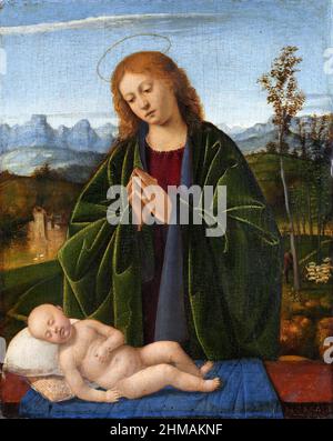 Madonna Adoring the Child von der venezianischen Renaissance-Maler, Marco Basaiti (c. 1470–1530), Öl auf Platte, c. 1520 Stockfoto