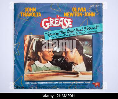 Das Cover der sieben-Zoll-Single-Version von You're The One That I Want von John Travolta und Olivia Newton-John, die 1978 veröffentlicht wurde. Stockfoto