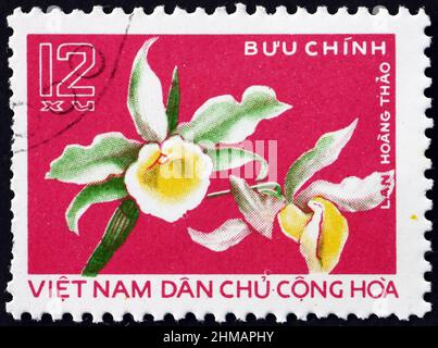 VIETNAM - UM 1976: Eine in Vietnam gedruckte Marke zeigt lan hoang thao Orchidee, dendrobium daklakense, blühende Pflanze, um 1976 Stockfoto