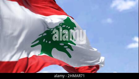 Detail der Nationalflagge des Libanon, die an einem klaren Tag im Wind winkt. Patriotismus. Selektiver Fokus. Westasiatisches Land. Grüner Libanon Zedernbaum Stockfoto