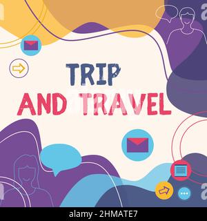 Schild mit Anzeige von Reise und Reise. Wort für Reisen für Urlaub fröhlich glücklich wissen, neue Orte Illustration Paar sprechen in Chat Cloud Stockfoto