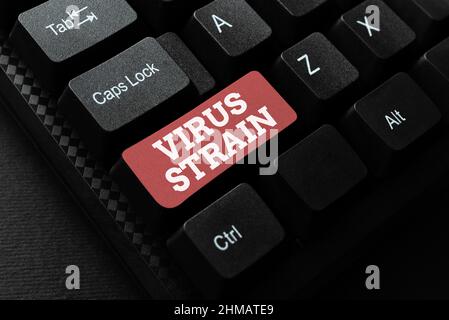 Textüberschrift mit Virusstamm. Wort geschrieben auf Virus Strain Writing Online Research Textanalyse, Transkribieren aufgezeichnete Voice-E-Mail Stockfoto