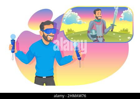 Ein junger Mann mit VR-Headset mit berührender VR-Schnittstelle und Spiel spielen Stock Vektor