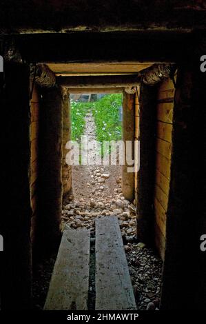 Der Sarajevo-Tunnel, auch bekannt als Tunel-Spasa, der 1993 von der bosnischen Armee während der Belagerung von Sarajevo inmitten des Bosnienkrieges errichtet wurde, um die Stadt Sarajevo zu verbinden, Das von den serbischen Truppen vollständig abgeschnitten wurde, wobei sich auf der anderen Seite des Flughafens von Sarajevo, einem Gebiet, das von den Vereinten Nationen kontrolliert wird, bosnisch beherrschtes Gebiet befindet. Stockfoto